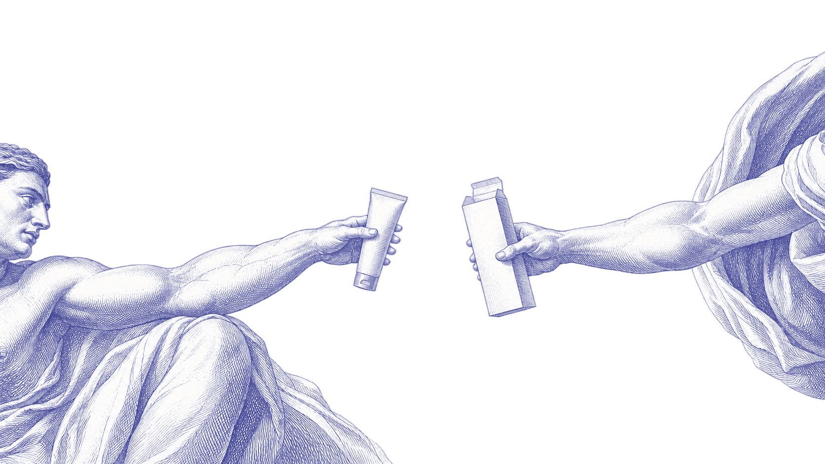 Blue engraved classical illustration of two hands exchanging a cosmetic tube and folding carton